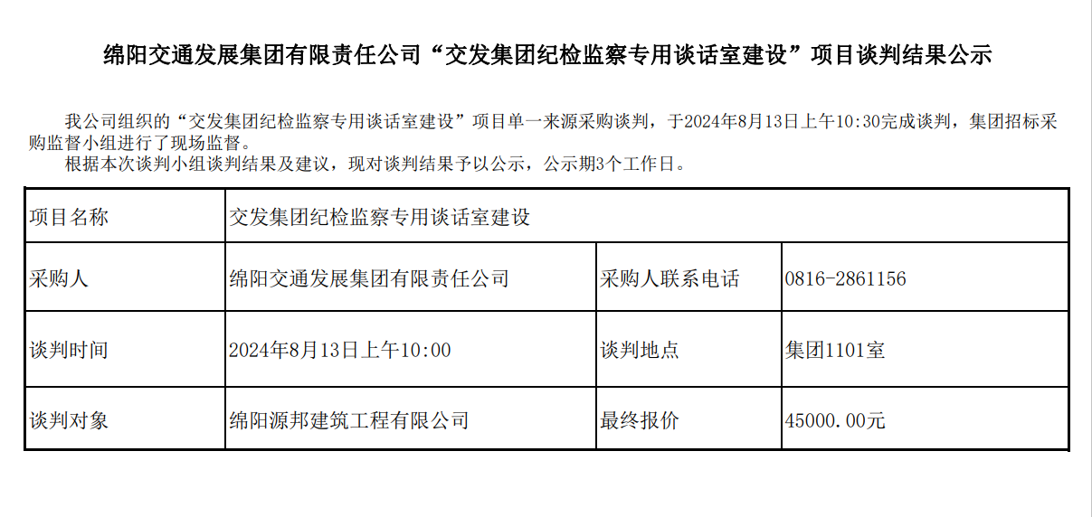 綿陽(yáng)交通發(fā)展集團(tuán)有限責(zé)任公司“交發(fā)集團(tuán)紀(jì)檢監(jiān)察專用談話室建設(shè)”項(xiàng)目談判結(jié)果公示.png